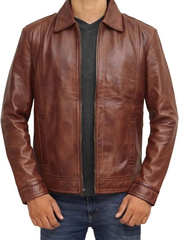 Men's Brown Genuine Lambskin Biker Racer Leather Jacket - Image 3