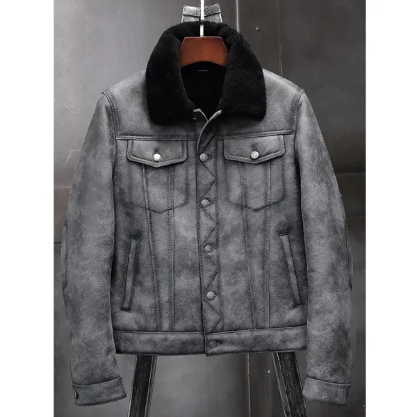 Men's Grey Shearling B3 Bomber Aviator Winter Fur Jacket - Image 5