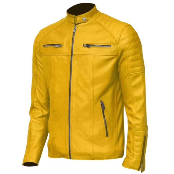 Men's Yellow Motorcycle Slim Fit Genuine Leather Jacket - Image 3