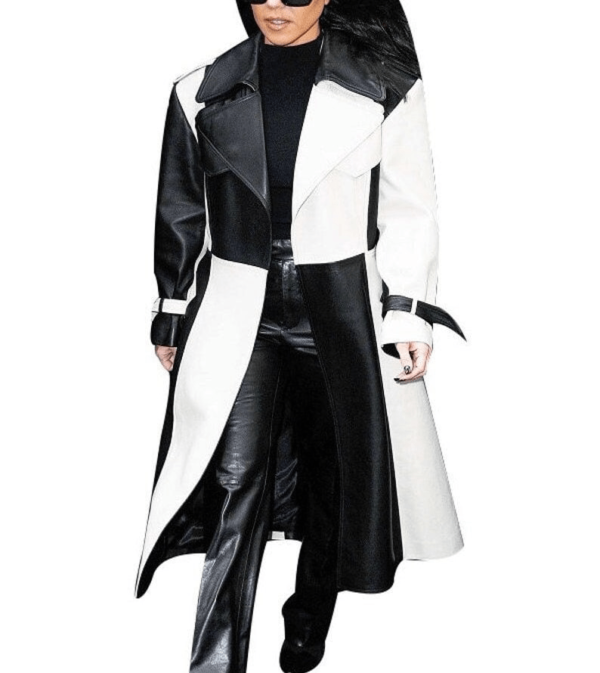 Women's Black and White Leather Trench Coat - Stylish Long Overcoat - Image 3