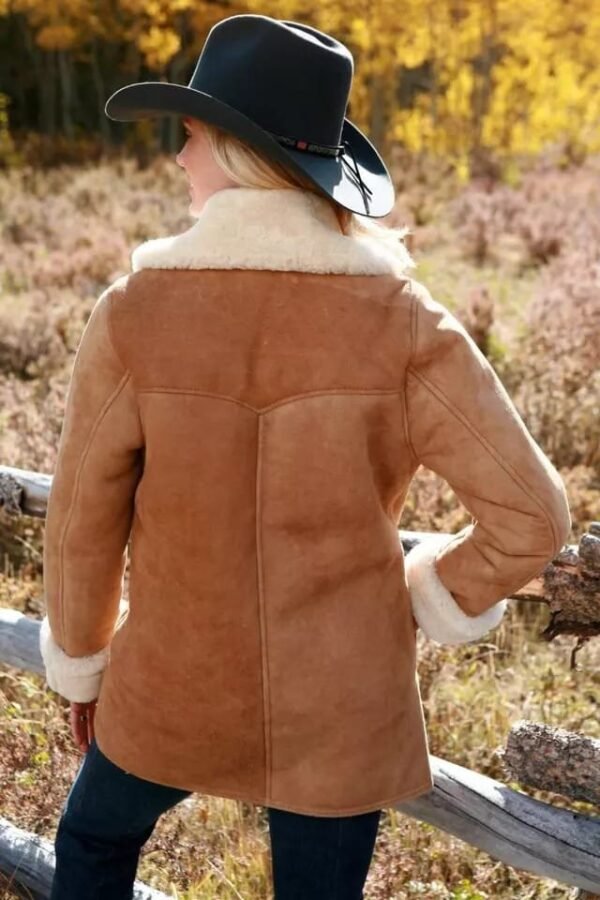 Women's Brown Fur Shearling Sheepskin Leather Jacket Coat - Image 2