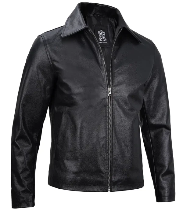 Men's Black Cow Hide Leather Jacket Harrington - Image 2