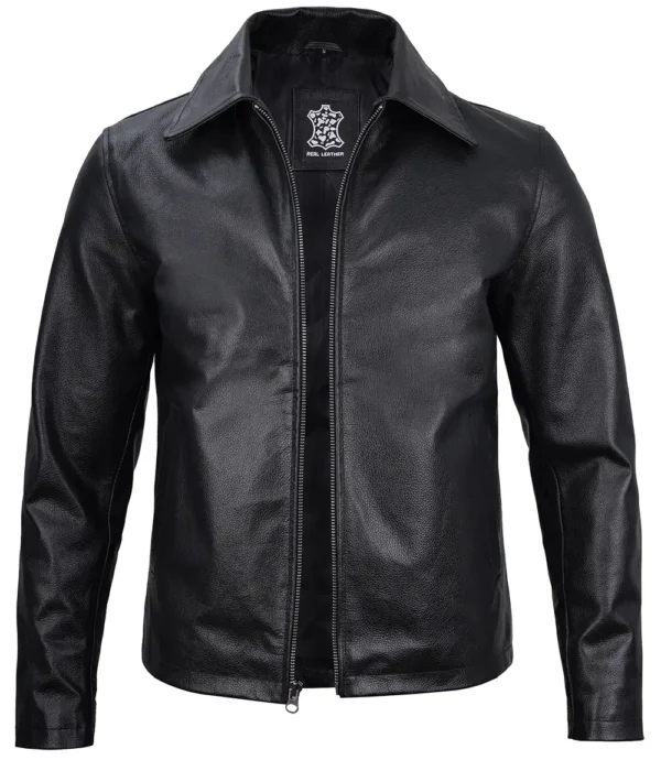 Men's Black Cow Hide Leather Jacket Harrington - Image 3