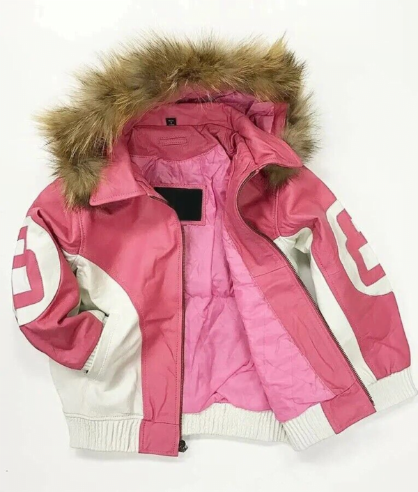 Women's Pink 8 Ball Pool Leather Jacket with Fur Trim Hood - Image 3