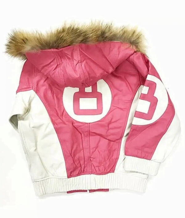 Women's Pink 8 Ball Pool Leather Jacket with Fur Trim Hood - Image 2