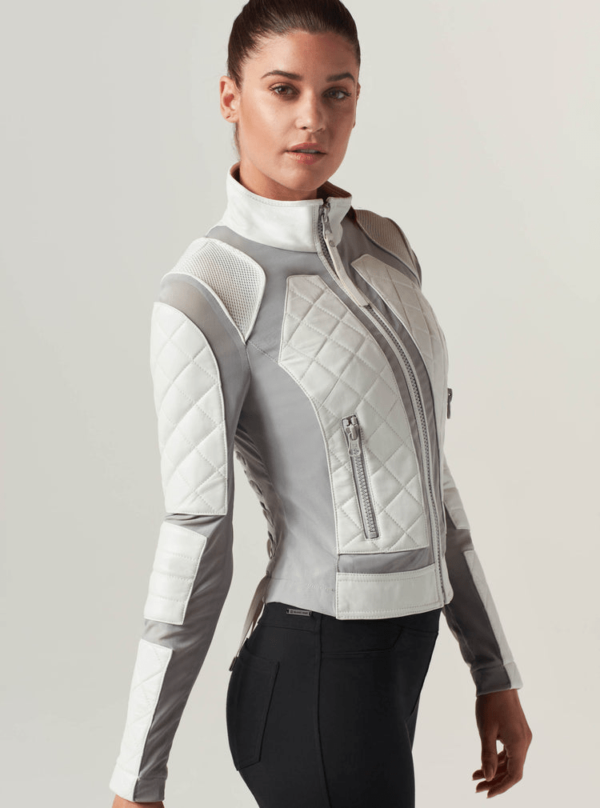 Women's White and Silver Colorblock Moto Jacket - Trendy Biker Style - Image 2