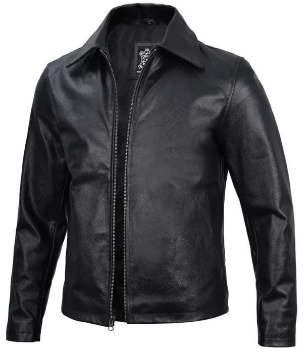 Men's Black Cow Hide Leather Jacket Harrington - Image 5